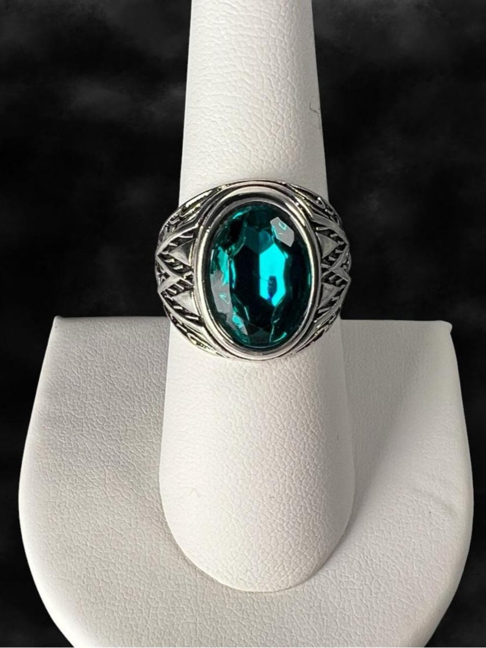 Teal Green Oval Statement Ring Silver Plated Ornate Botanical Size 7.5-7.75